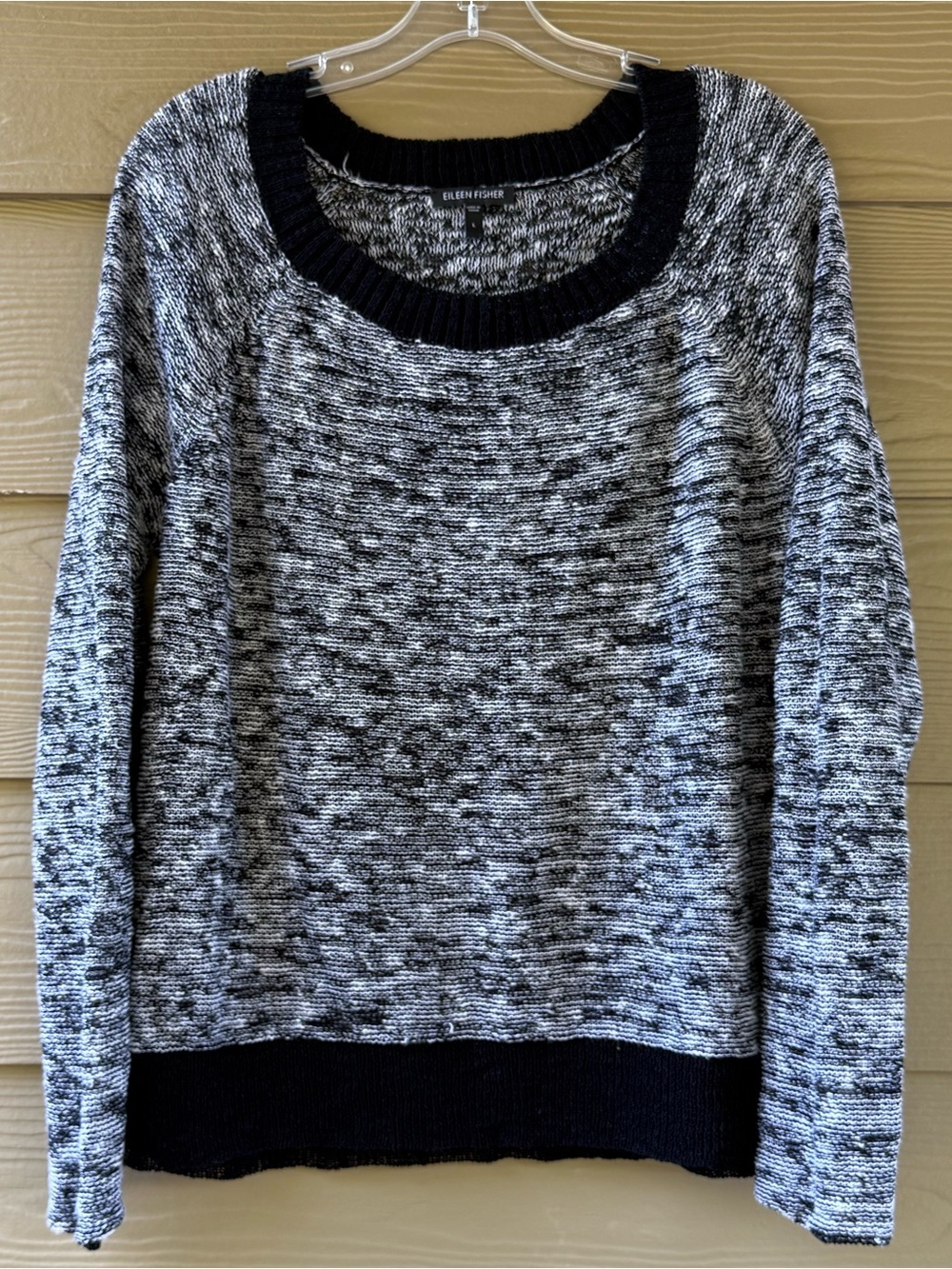 Eileen Fisher Lined Cotton Black & White Marled Scoop Neck Sweater Size L